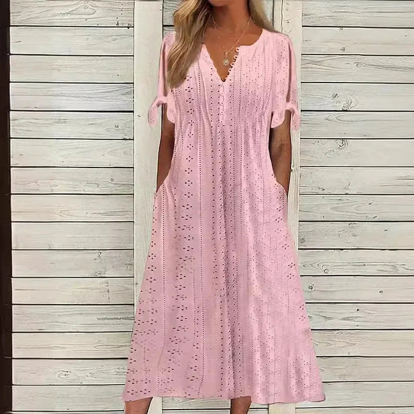 Vestido de Renda Jana - Gola em V de Manga Curta (Verão 2026)
